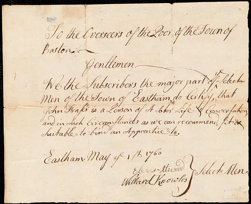 John Shirley indentured to apprentice with John Fraser of Eastham, 10 May 1760
