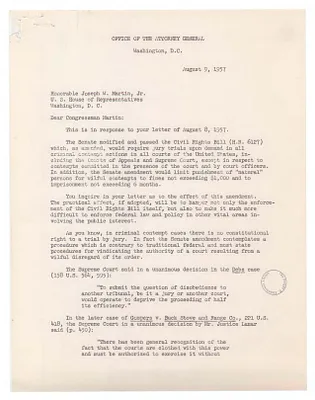 Letter, William P. Rogers, Acting Attorney General, to Representative Joseph P. Martin, Jr.