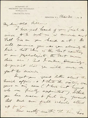 Baldwin, James Mark, 1861-1934 autograph letter signed to Hugo Münsterberg, Princeton, N.J., 30 March 1897