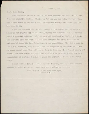Bartolomeo Vanzetti typed letter (copy) to Irene Benton, [Dedham], 8 June 1927