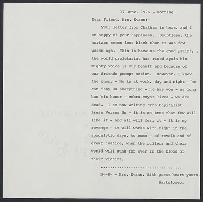Herbert Brutus Ehrmann Papers, 1906-1970. Sacco-Vanzetti. Bartolomeo Vanzetti. Autograph Letters Signed to Mrs. Elizabeth Glendower Evans, 1920-1927. Box 16, Folder 19, Harvard Law School Library, Historical & Special Collections