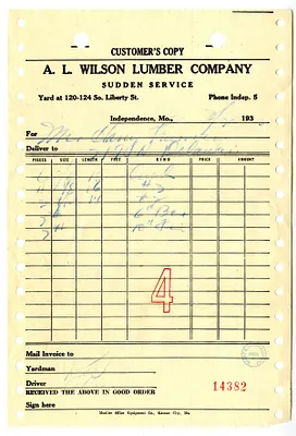 Receipt from A. L. Wilson Lumber Company