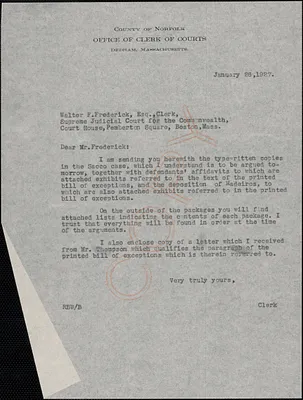 Letter from Robert B. Worthington, Clerk of Courts (Norfolk County) to Walter F. Frederick, Clerk of Courts (Supreme Judicial Court)