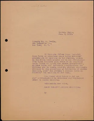 Sacco-Vanzetti Defense Committee typed letter (copy), in Italian, to E. M. Grella, Boston, Mass., January 3, 1925