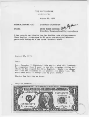 Memorandum from Judy Berg-Hansen to Dorothy Downton Regarding a Bet Made Between Jan English and President Gerald R. Ford
