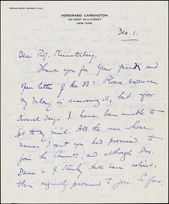 Carrington, Hereward, 1880-1959 autograph letter signed to Hugo Münsterberg, New York, 1 December [1909]