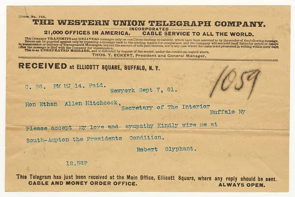 Telegram from Robert Olyphant to Ethan Allen Hitchcock