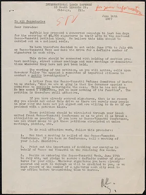 Rose Karsner (International Labor Defense) typed letter signed (circular) to All Secretaries, Chicago, Ill., June 14, 1927