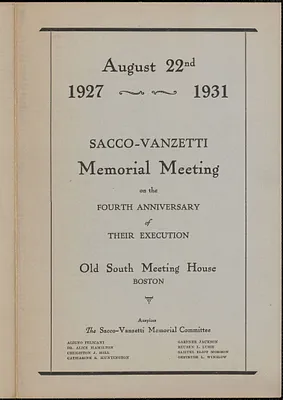 Sacco-Vanzetti Memorial Committee memorial meeting program, Boston, Mass., August 1931