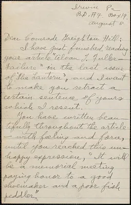 Gedemmore Salsi autograph letter signed to Creighton [J.] Hill, Irwin, Pa., August 8 [1927?]