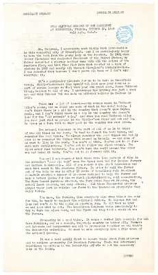 Press Release, Speech of President Harry S. Truman, Greenfield, Indiana