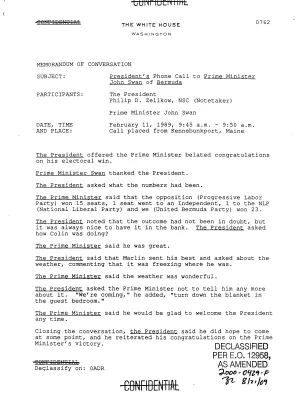 President's Phone Call to Prime Minister John Swan of Bermuda, February 11, 1989