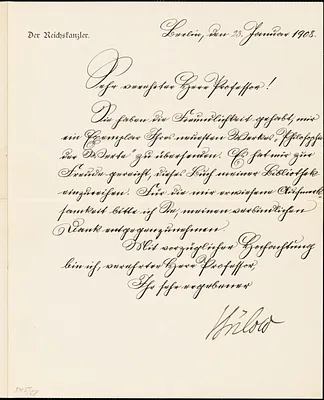 Bülow, Bernhard, Fürst von, 1849-1929 manuscript letter signed to Hugo Münsterberg, Berlin, 23 February 1908