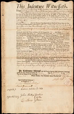 Elizabeth Simpson indentured to apprentice with Moses Bass of Boston, 3 October 1759