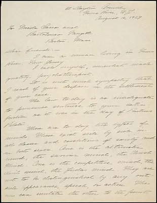 Gertrude E. Knox autographed letter signed to Nicola Sacco and Bartolomeo Vanzetti, Yours River?, N.J., 12 August 1927