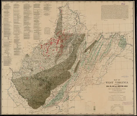 Map of West Virginia showing coal, oil, gas and limestone areas