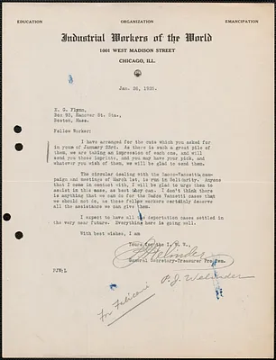 P. J. Welinder (Industrial Workers of the World) typed letter signed to E[lizabeth] G[urley] Flynn, Chicago, Ill., January 26, 1925