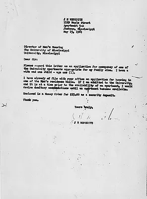 Letter from James Meredith to the Director of Men's Housing at the University of Mississippi, 15 May 1961
