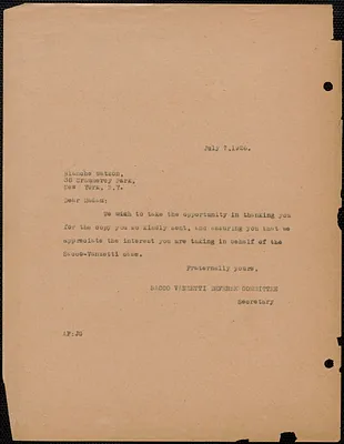 Sacco-Vanzetti Defense Committee typed note (copy) to Blanche Watson, Boston, Mass., July 7, 1926