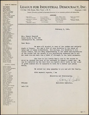 Harry W. Laidler (League For Industrial Democracy, Inc.) typed letter signed to Mrs. Powers Hapgood [Mary Donovan Hapgood], New York, N. Y., February 8, 1949