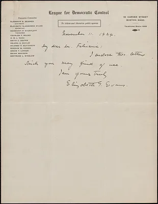 Elizabeth G[lendower] Evans (League for Democratic Control) autograph letter signed to [Aldino] Felicani, Brookline, Mass., November 11, 1924