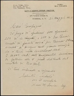 Sam M. Lucia (Sacco e Vanzetti Defense Committee, Rochester) autograph letter S, in Italian, to Sacco-Vanzetti Defense Committee, Rochester, N.Y., May 21, 1927