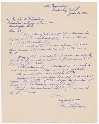 Letter from William T. Elzinga to George W. Wickersham, Chairman of the Law Enforcement Commission, Stating that Trades Not Being Taught in School Leads to Boys Becoming Criminals