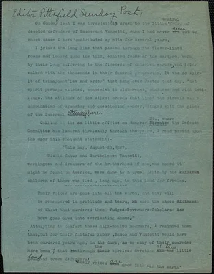 Margaret Shipman typed letter (copy) to Editor, Pittsfield Sunday Post, Lee, Mass., August 30, 1927
