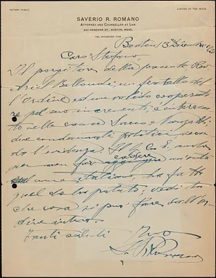 Saverio R. Romano autograph note signed, in Italian, to Stefano, Boston, Mass., December 13, 1920