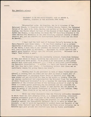 Mercer G. Johnston (Baltimore Open Forum) typed statement. [Baltimore, Md.,1927?]: Statement in re the Sacco-Vanzetti case by Mercer G. Johnston, Director of the Baltimore Open Forum