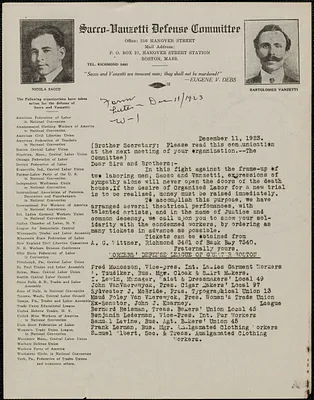 Sacco-Vanzetti Defense Committee typed letter (circular) to Brother Secretary, Boston, Mass., December 11, 1923
