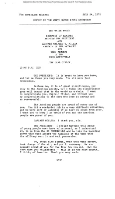 Exchange of Remarks between the President and Capt. Charles T. Miller, Captain of the Mayaguez, and Crew Members of the USNS Greenville [Ford Speech or Statement]