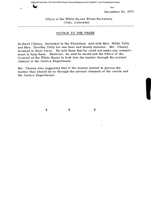 Report on Richard Cheney's Meeting with Mrs. Hilda Tully and Mrs. Dorothy Tully [Notice to Press]