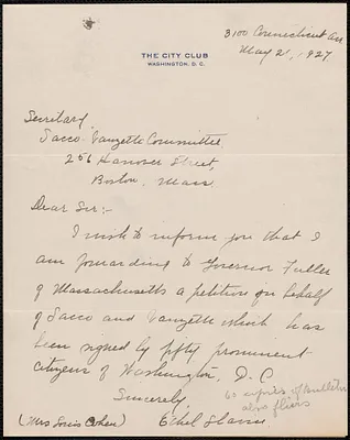 Ethel Slavin (Mrs. Louis Cohen) autograph note signed to Sacco-Vanzetti Defense Committee, Washington, D.C., May 21, 1927