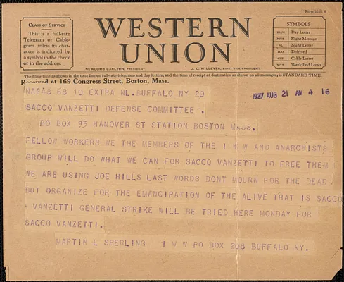 Martin L. Sperling telegram to Sacco-Vanzetti Defense Committee, Buffalo, N.Y., August 21, 1927