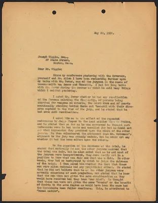 Herbert Brutus Ehrmann Papers, 1906-1970. Sacco-Vanzetti. Correspondence of HBE, junior counsel for the defense, May 15 - June 18, 1927. Box 15, Folder 19, Harvard Law School Library, Historical & Special Collections