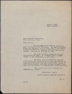 Mary Donovan (Sacco-Vanzetti Defense Committee) typed letter (copy) to Mrs. Montfort [Elsie] Hillsmith, Boston, Mass., September 8, 1927