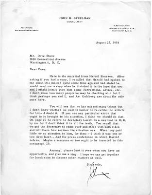 Letter from John R. Steelman to David Stowe
