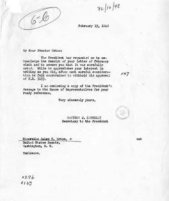 Letter from Senator Zales Ecton to President Harry S. Truman, with a Reply from Matthew Connelly