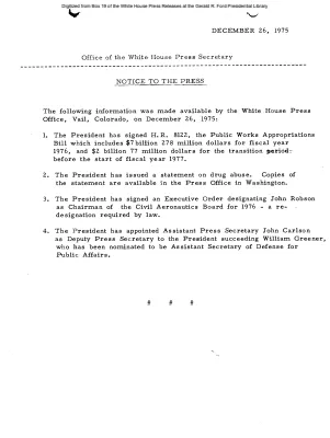 Information made available by the White House Press Office on December 26, 1975 [Notice to Press]