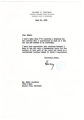 Letter from Former President Harry S. Truman to Edward Jacobson