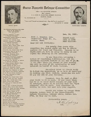Frank R. Lopez (Sacco-Vanzetti Defense Committee) typed letter signed to Fred J. Dempsey (Theatrical Stage Employees, No. 11), Boston, Mass., December 19, 1923