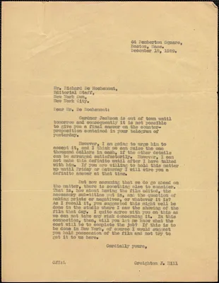 Creighton J. Hill typed letter (copy) to Richard De Rochemont (The New York Sun), [Boston, Mass.], December 18, 1929