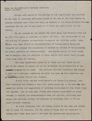 Sacco-Vanzetti Defense Committee typed letter (circular), Boston, Mass., August 26, 1927
