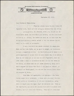 Doubleday, Frank Nelson, 1862-1934 typed letter signed to Hugo Münsterberg, Garden City, N. Y., 17 September 1913