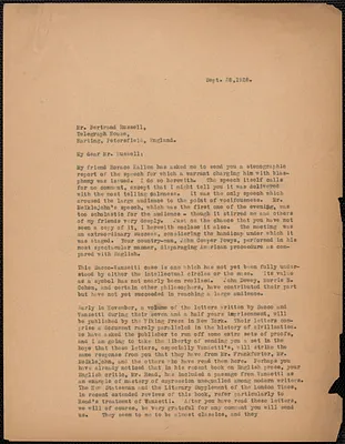 Gardner Jackson typed letter (copy) to Bertrand Russell, [Boston, Mass.], September 28, 1928