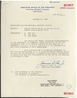Memorandum from James S. Lay, Jr. to the National Security Council with Attachment