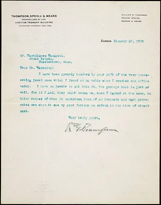 William G. Thompson typed note signed to Bartolomeo Vanzetti, Boston, 25 January 1926