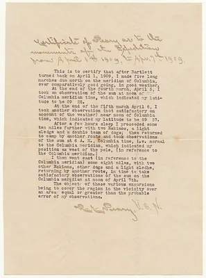 Certificate of Peary as to the Movements of the Polar Expedition from April 1st 1909 to April 7th 1909