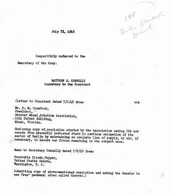 Memorandum from Matthew Connelly to Secretary of the Army Kenneth Royall